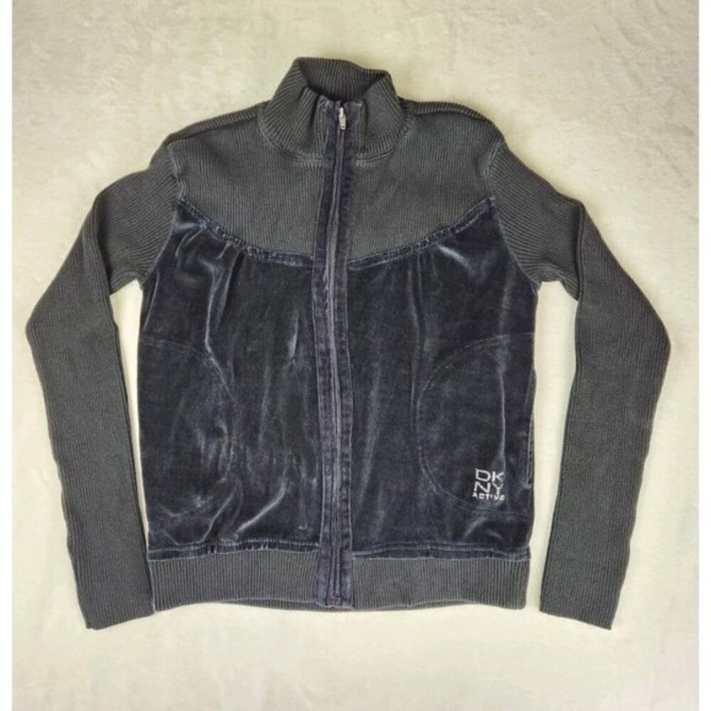DKNY Women's Active Black Velour Hoodie Size Medium Sweatshirt Cotton Zip-up